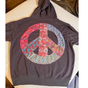Natural Life Peace Sign Patchwork Floral Zip Up Hoodie Gray Pink S/M